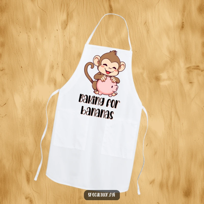 Funny kawaii monkey apron, playfully shaking a piggy bank, ideal for kitchen use and culinary fun.