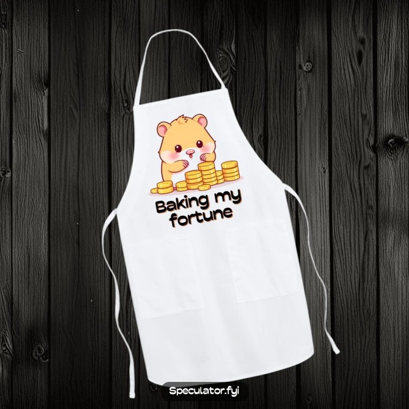Funny kawaii hamster character wearing an apron and counting gold coins, ready to cook a feast on an apron.