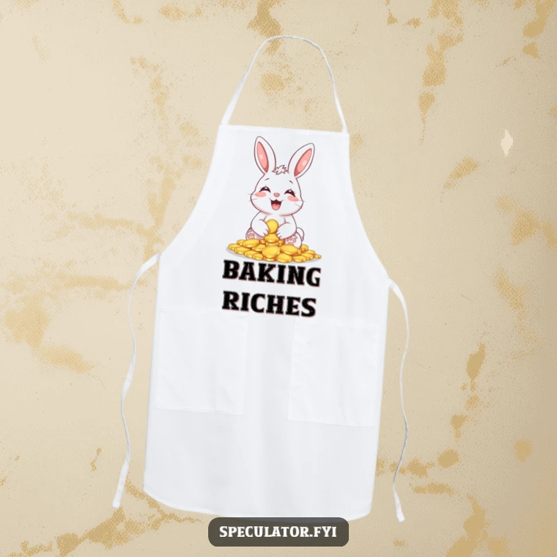 Funny Giggling Bunny Coin Apron showing a happy bunny holding shiny coins, perfect for culinary fun and adding humor to the kitchen.