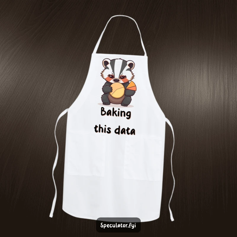 Funny kitchen apron showing a serious badger analyzing a pie chart, perfect for the analytical cook.