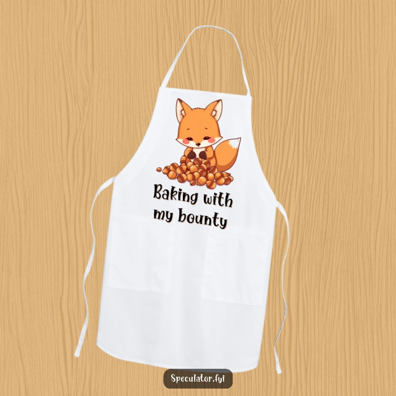 Funny Fox Apron: a resourceful fox counts shiny acorns, adding humorous flair to culinary tasks.