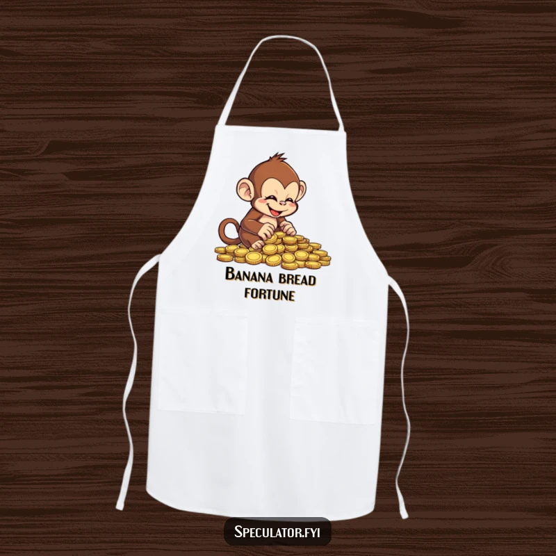 Funny cheeky monkey apron, gleefully examining coins, practical and humorous kitchen attire.