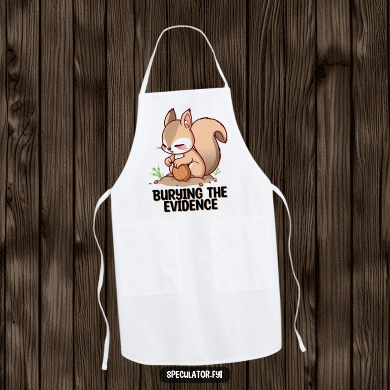 Funny Squirrel Apron: a nimble squirrel buries a nut while glancing around, adding humorous flair to culinary tasks.