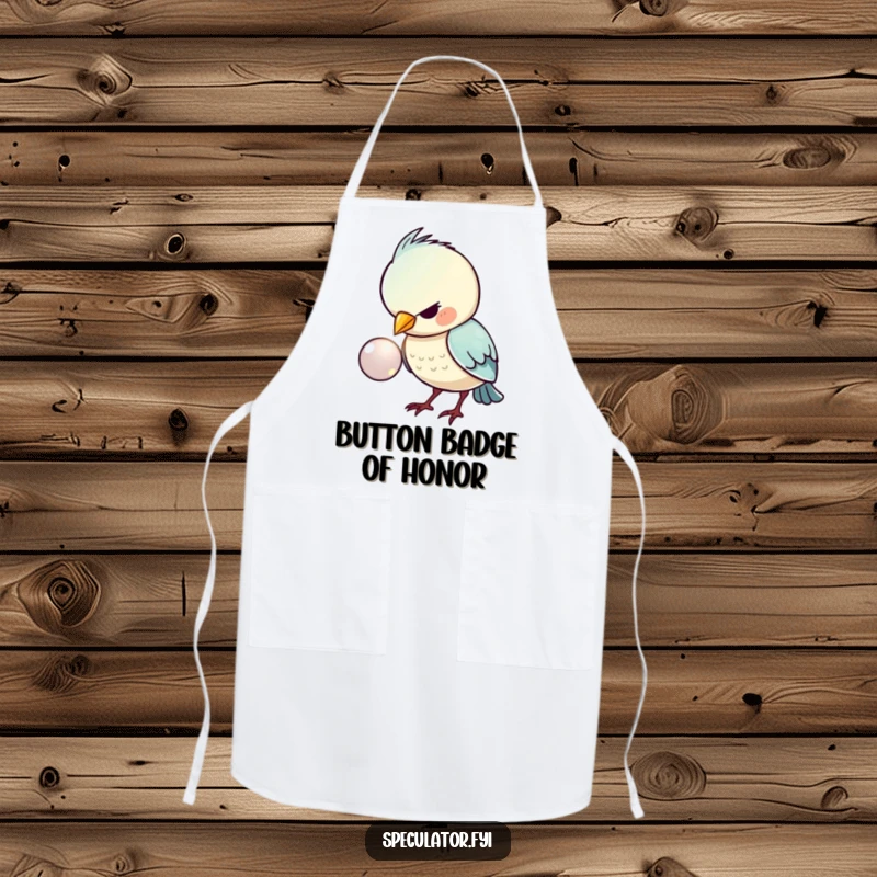 Funny apron showing a kawaii bird intensely focused on a shiny button, ideal for humorous kitchen activities and gifting.