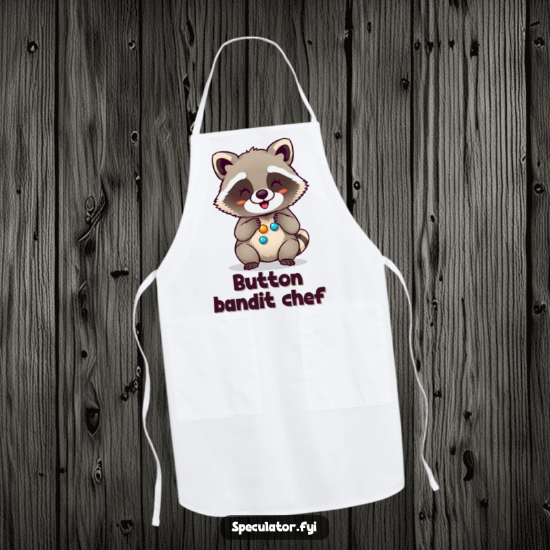 Funny apron showing a giggling raccoon proudly counting its shiny button hoard, perfect for a cook who appreciates humor and sparkle.
