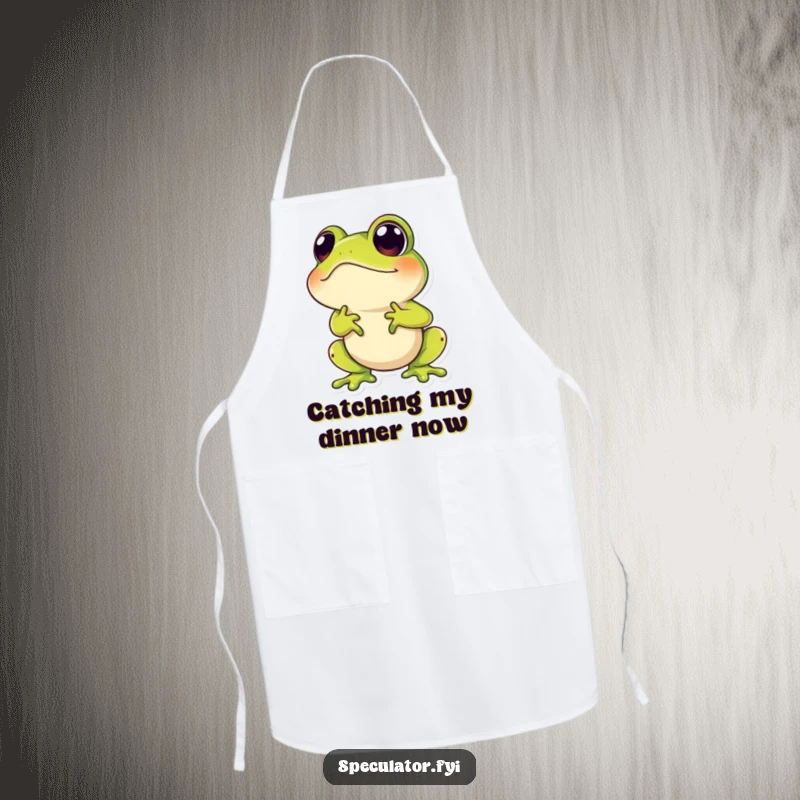 Funny apron depicting a hopping frog character with a speculative gaze, ideal for humorous kitchen adventures.