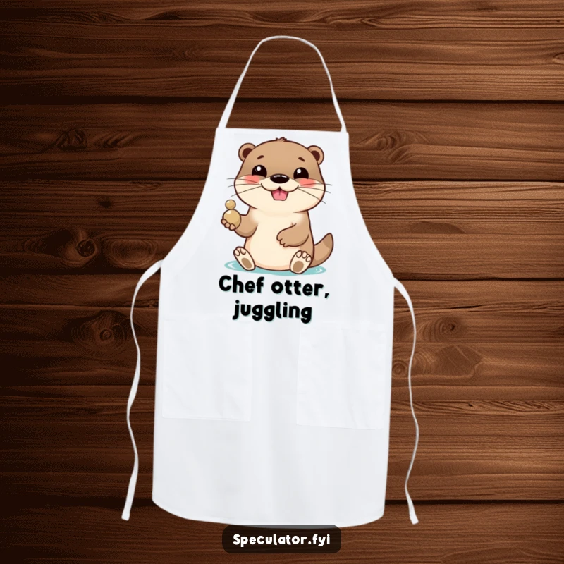 Funny cooking apron with a lively otter character grinning playfully and tossing a shiny pebble, ideal for kitchen use with humor. A great funny gift.