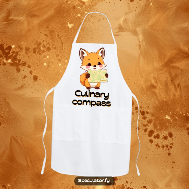 Funny Fox Cub Map Apron showing a happy cub holding a tiny map, perfect for culinary adventures and adding humor to the kitchen.