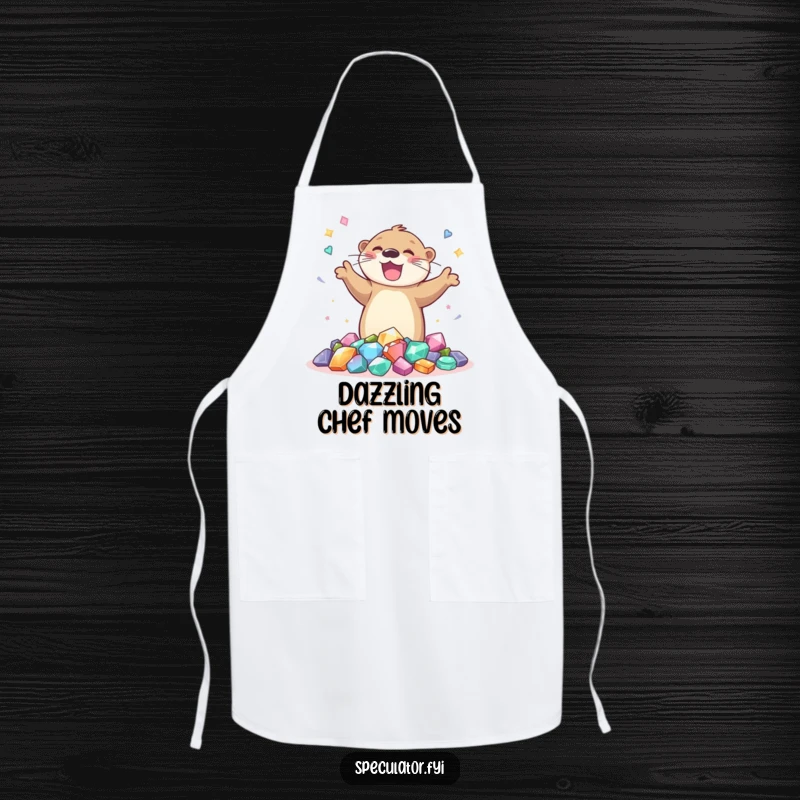 Funny chef apron with a joyful otter dancing around gems, perfect for cooks who bring happiness to the kitchen.