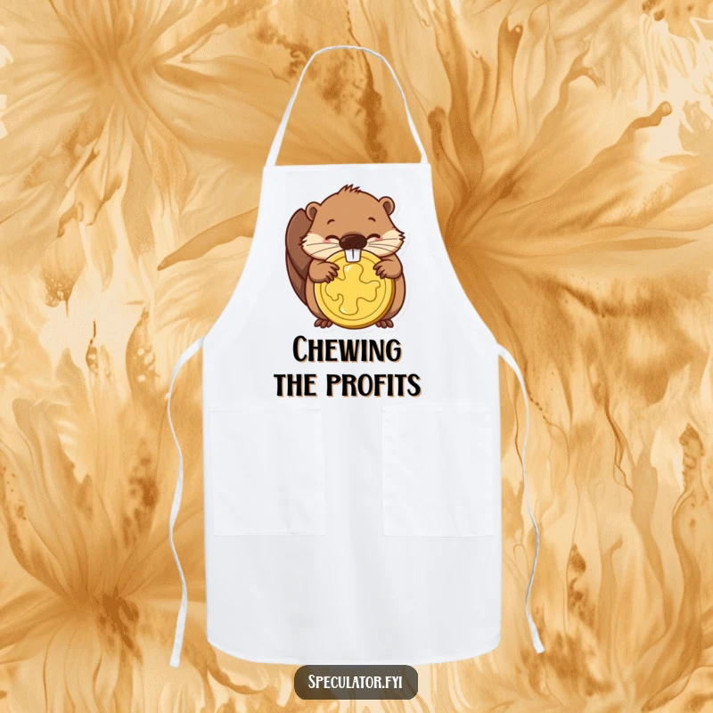 Funny chef apron featuring a determined beaver gnawing a golden coin, perfect for cooks who embody hard work and ambition.