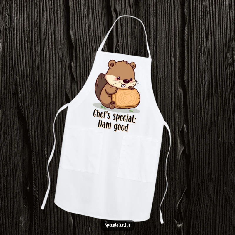 Funny Beaver apron, a beaver inspecting a log, ideal for kitchen protection with a humorous twist.