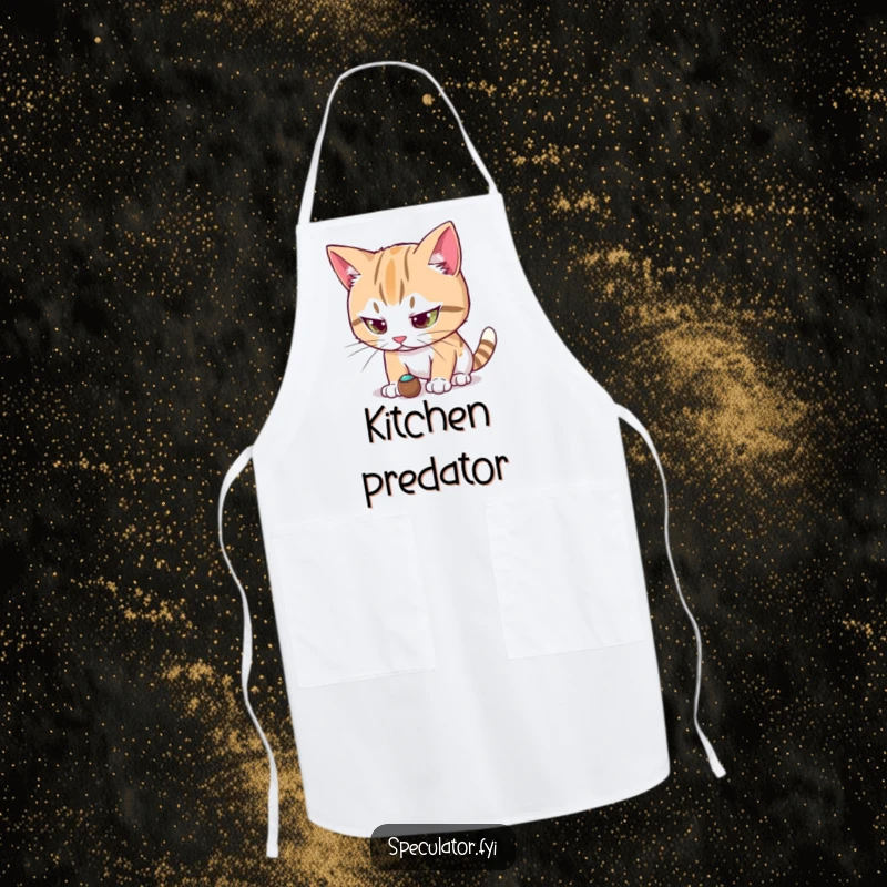 Funny cat character apron intensely focused on a small moving object, ideal for adding humor and precision to kitchen activities.