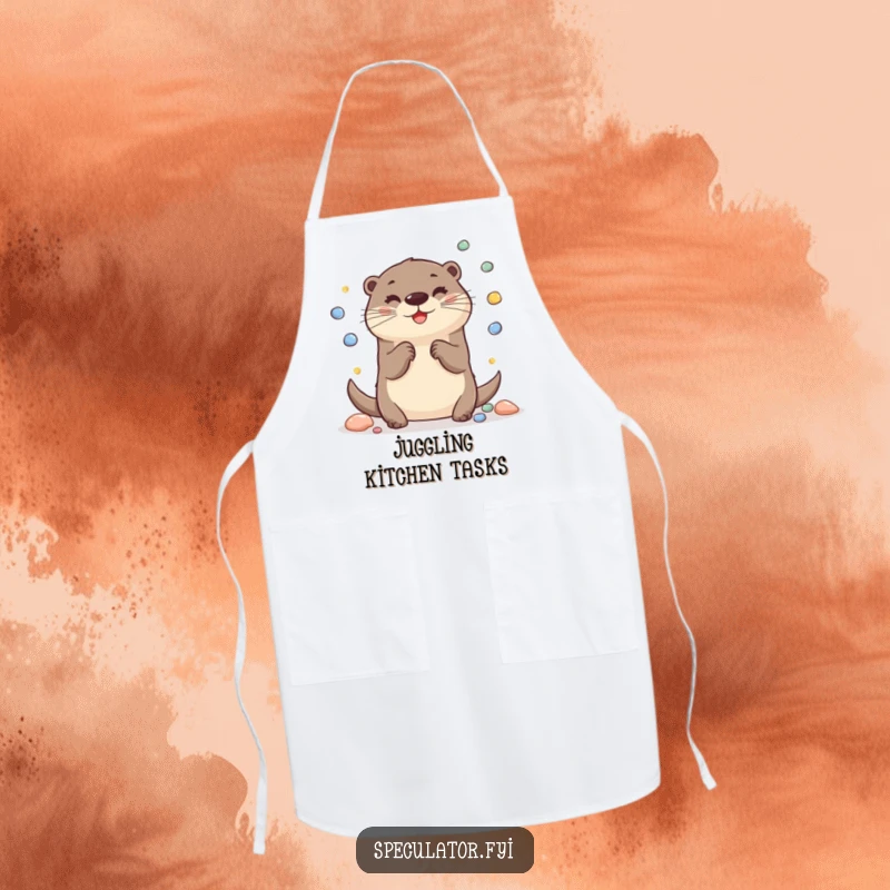 Funny Otter Apron: A cheerful otter juggles shiny pebbles on an apron, perfect for playful cooking and kitchen humor.