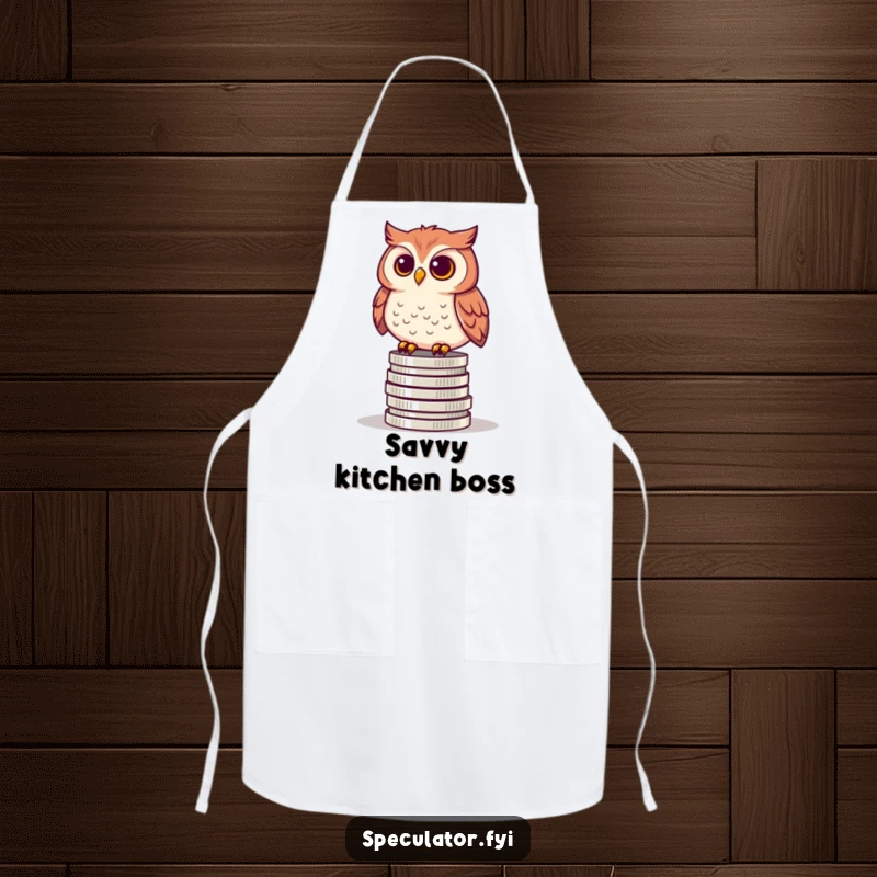 Funny apron showing a curious owl perched on coins, ideal for a cook who balances their budget with a sense of humor.