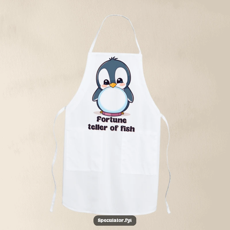 Funny curious penguin smiling while peering into a crystal ball on an apron, humorous and functional kitchen wear.