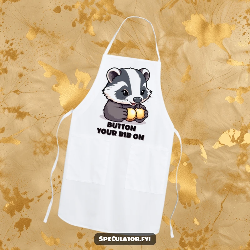 Funny determined badger with a bright smile carefully inspecting a shiny button on an apron, humorous and practical kitchen wear.