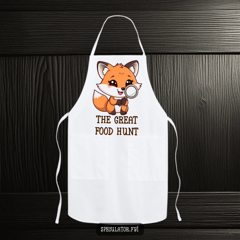 Funny fox with a magnifying glass and a confident grin on a kitchen apron, ready for culinary adventures.