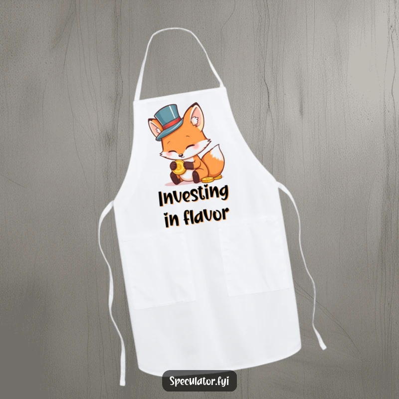Funny apron graphic of a stylish fox in a tiny top hat, examining a gold coin, ideal for kitchen humor.