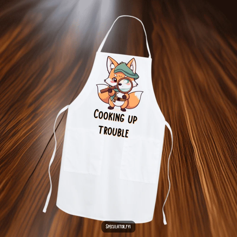 Funny fox apron with a character examining a map with a magnifying glass, making kitchen tasks strategic.