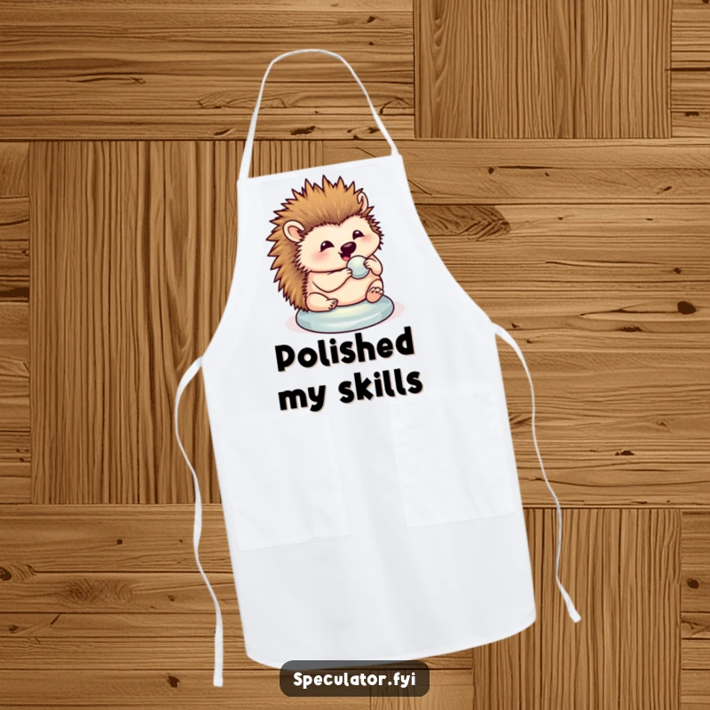 Funny hedgehog apron showing a content hedgehog polishing a button, adding humor to kitchen tasks.