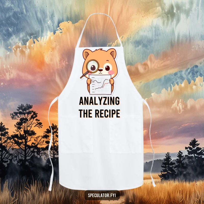 Funny Kawaii animal apron, wearing a tiny monocle and intently studying a chart, ready for culinary research.