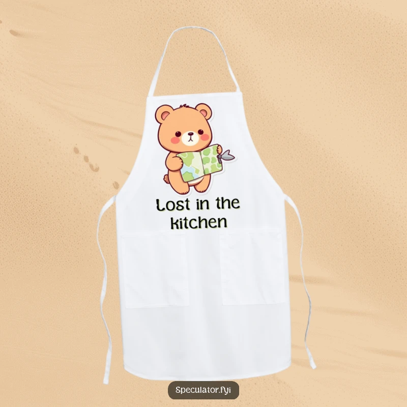 Funny kawaii bear apron, holding a map and pointing the direction, ideal for kitchen adventures and cooking.