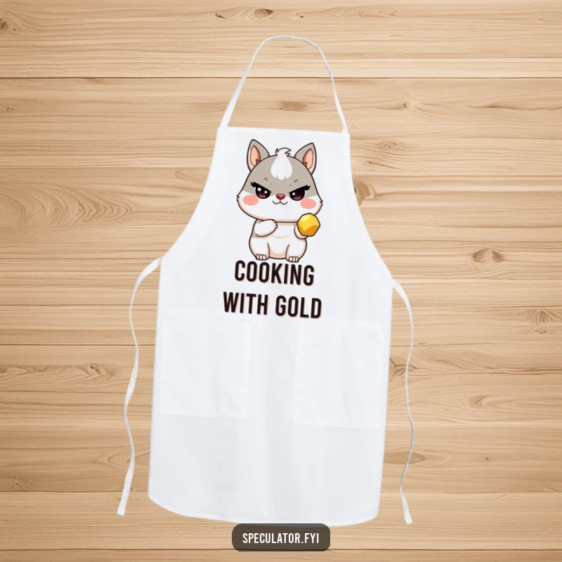 Funny Kawaii animal apron with sly wink holding a golden nugget, for kitchen finds and as a funny gift.
