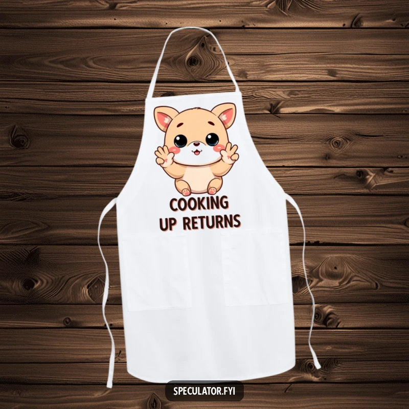 Funny Kawaii animal apron illustrating buy low sell high paws gesture, great for cooking and as a funny gift.