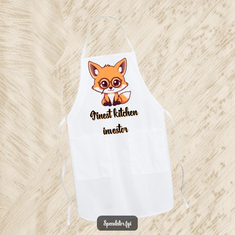 Funny kawaii fox wearing a monocle and intently examining a coin, adding a humorous and sophisticated touch to kitchen attire.