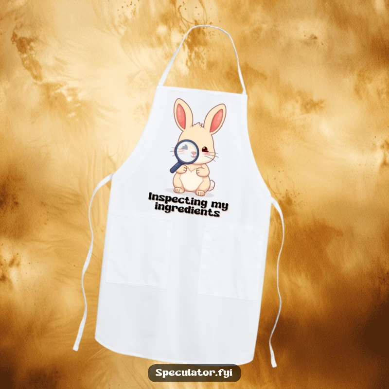 Funny kawaii rabbit character holding a magnifying glass over a tiny ingredient on an apron.