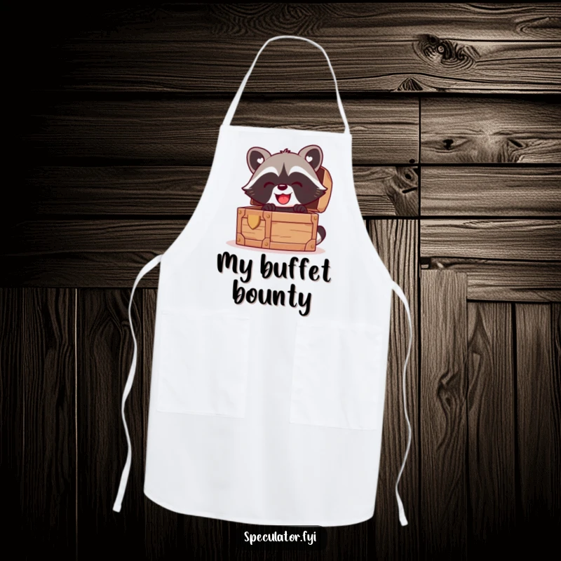Funny kawaii raccoon apron, peeking gleefully into a treasure chest, ideal for kitchen use and culinary fun.