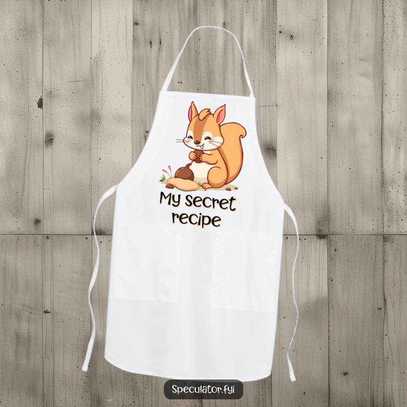 Funny kawaii squirrel character with a sly grin burying a nut while wearing a chef's hat on an apron.