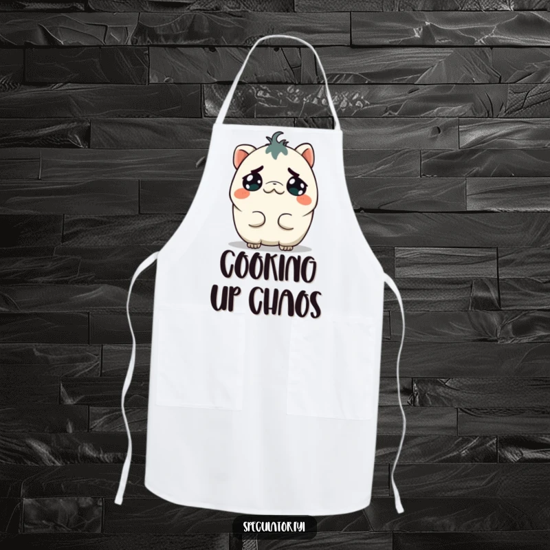 Funny Kawaii Creature Apron: A small Kawaii creature grins calculatingly as it tilts its head, perfect for funny kitchen capers.