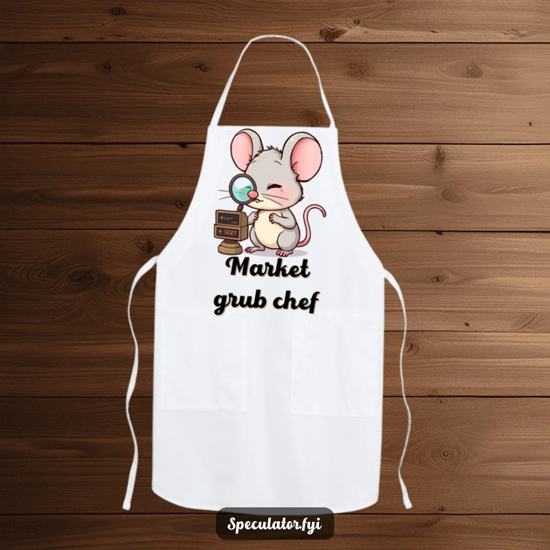 Funny cooking apron with a clever mouse wearing a monocle, examining a market ticker, ideal for kitchen strategizing with humor. A great funny gift.