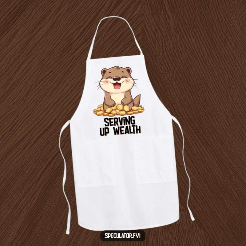 Funny otter chef apron, grinning with delight, surrounded by coins, perfect for kitchen humor.