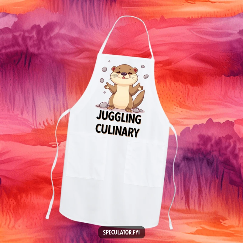 Funny playful otter character apron juggling shiny pebbles with impressive dexterity, ideal for adding humor and skill to kitchen wear.