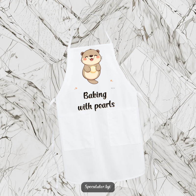 Funny otter apron with a happy character floating with a pearl, making cooking calm and cheerful.