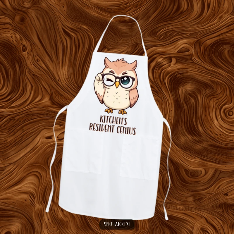 Funny Owl Apron displaying a proud owl adjusting spectacles with a wink, blending kitchen practicality with intellectual humor.