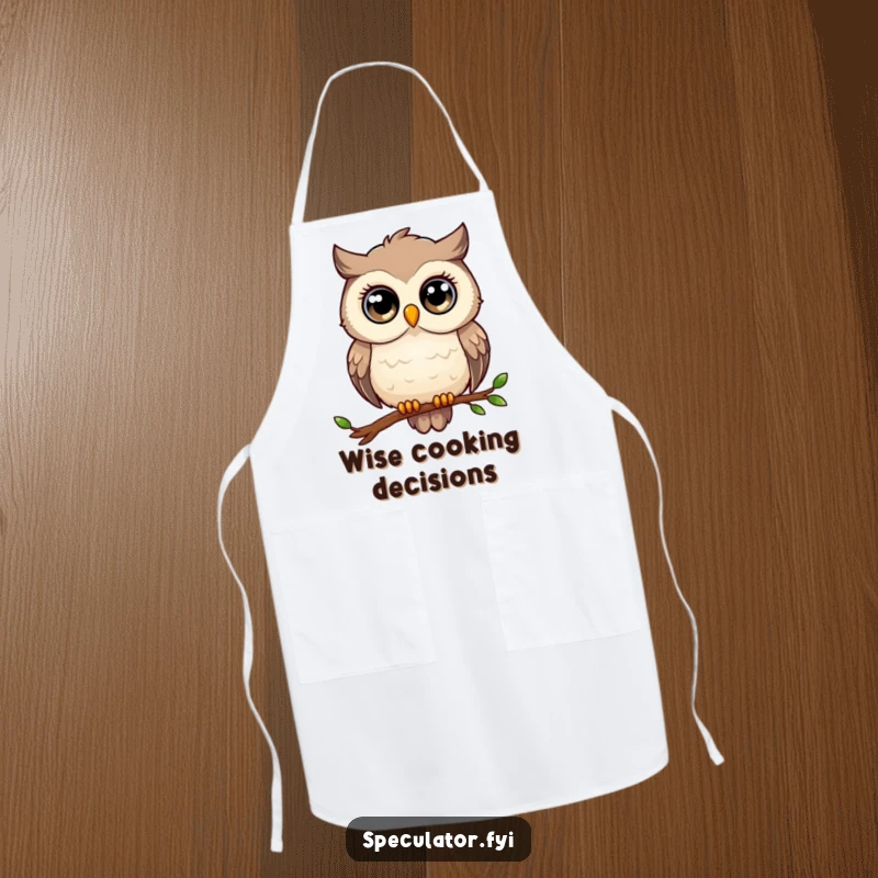 Funny owl apron, large eyes, perched, gazing thoughtfully, perfect for humorous and wise cooking.