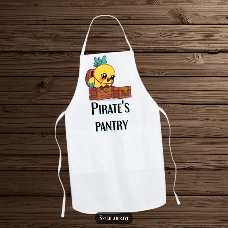 Funny curious parrot apron, peering intently at a treasure chest, practical and humorous kitchen attire.