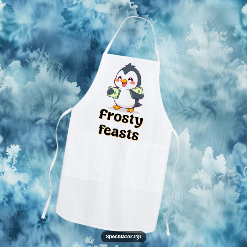 Funny smiling penguin apron, waddling with a stack of bills, practical and humorous kitchen wear.