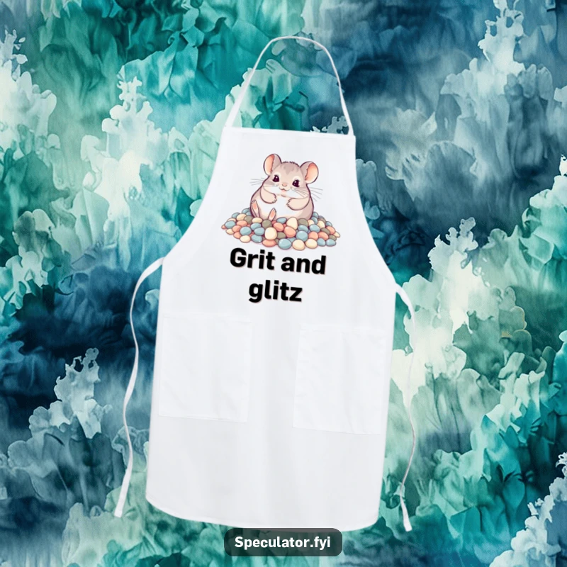 Funny playful chinchilla rolling in shimmering pebbles on an apron, humorous and functional kitchen wear.
