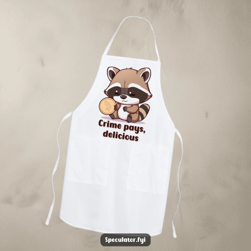 Funny Raccoon Apron: a shrewd raccoon examines a coin with a sly grin, adding humorous flair to culinary tasks.