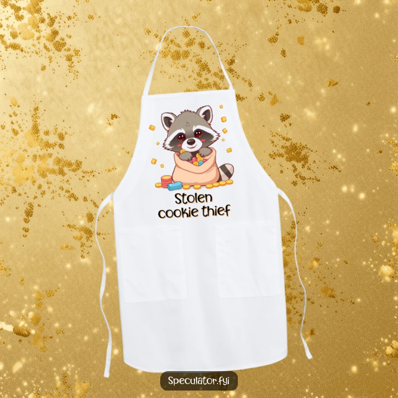 Funny raccoon apron with a character peeking into a bag of riches, making kitchen tasks humorous.