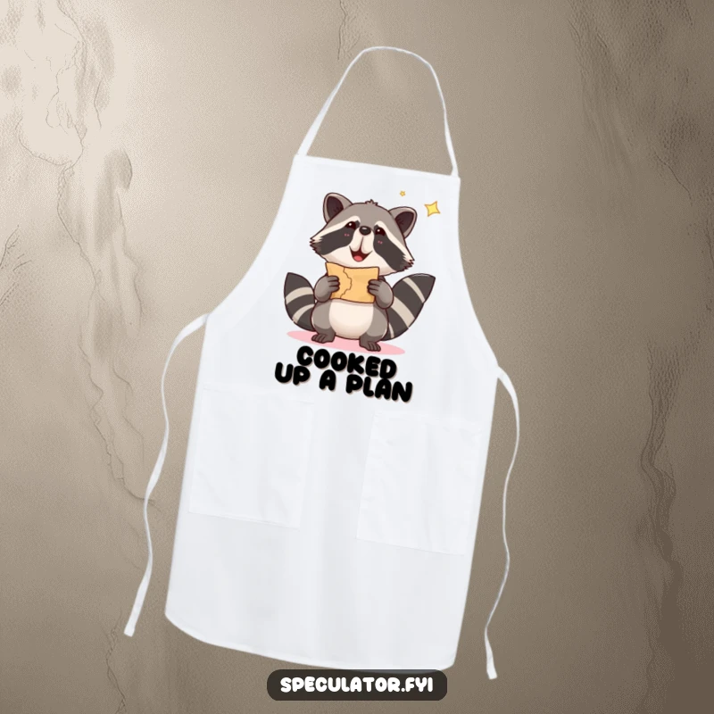 Funny raccoon apron shows a cheerful raccoon holding a treasure map, ready to add humor to cooking.