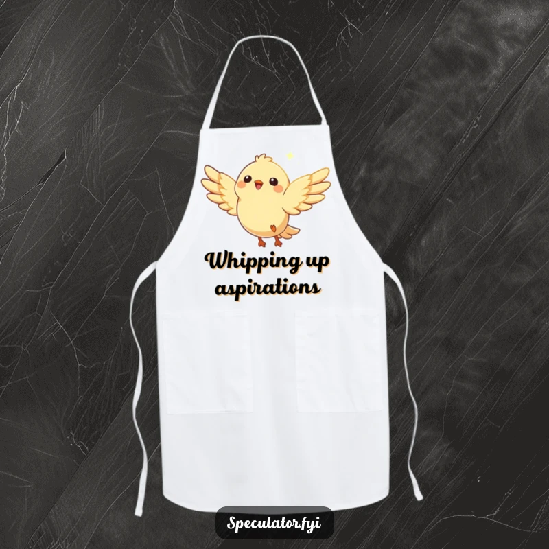 Funny bird apron displaying a happy character with wings spread, soaring enthusiastically towards a bright, distant glimmer.