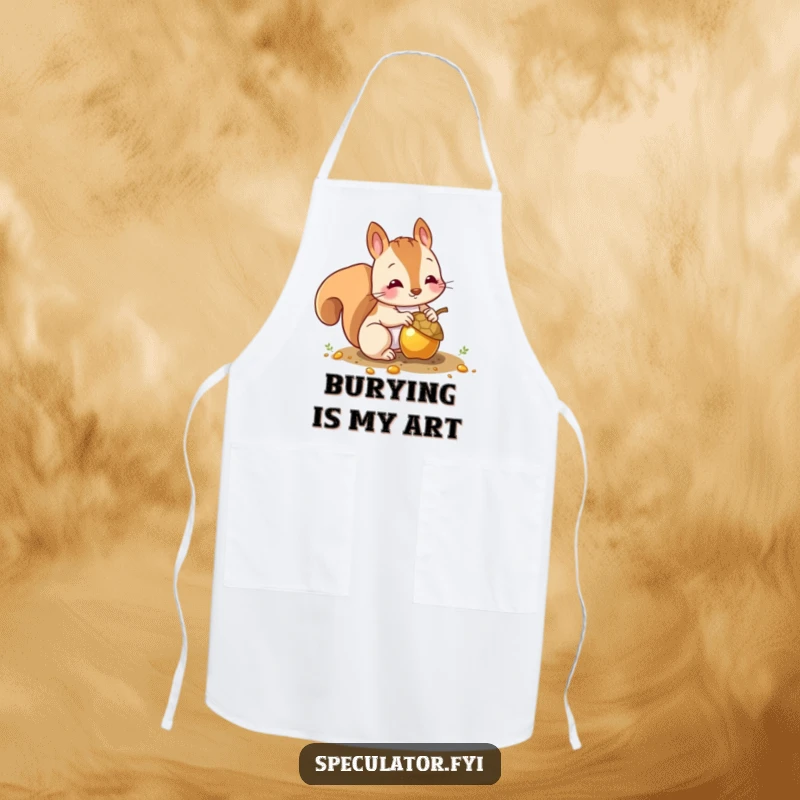 Funny squirrel apron with a character burying a shiny gold acorn, making kitchen tasks humorous.