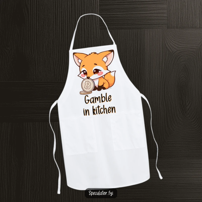 Funny fox apron, curious character watching a spinning coin, protects clothing, adds witty humor.