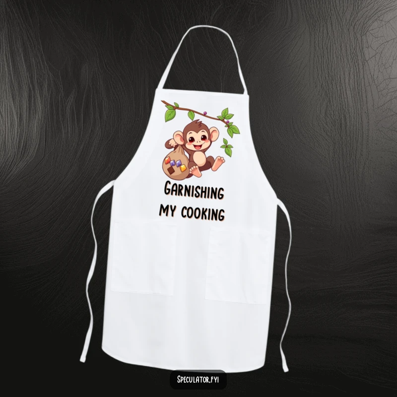 Funny apron graphic showing a playful monkey swinging from a vine with a bag of gems, for kitchen fun and adventure.
