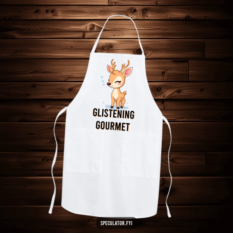Funny garden apron showing a delighted deer admiring a dewdrop, ideal for someone who finds joy in nature and gardening.